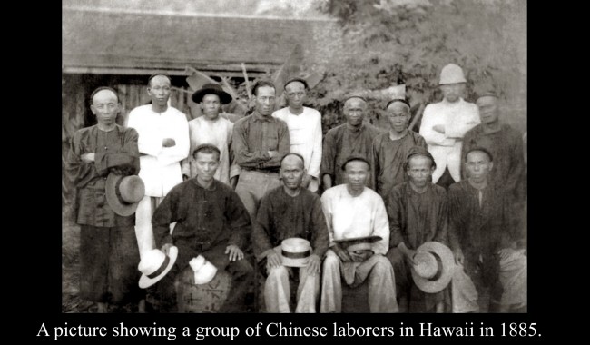 A picture showing a group of Chinese laborers in Hawaii in 1885.
