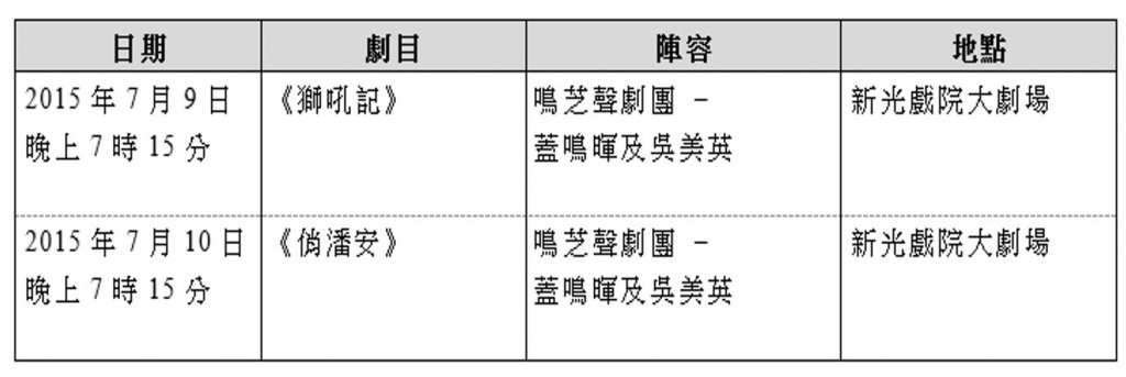 演出详情; 剧目: 《狮吼记》，日期: 2015年7月9日 晚上7时15分，地点: 新光戏院大剧场，阵容: 鸣芝声剧团 – 盖鸣晖及吴美英; 剧目: 《俏潘安》，日期: 2015年7月10日 晚上7时15分，地点: 新光戏院大剧场，阵容: 鸣芝声剧团 – 盖鸣晖及吴美英