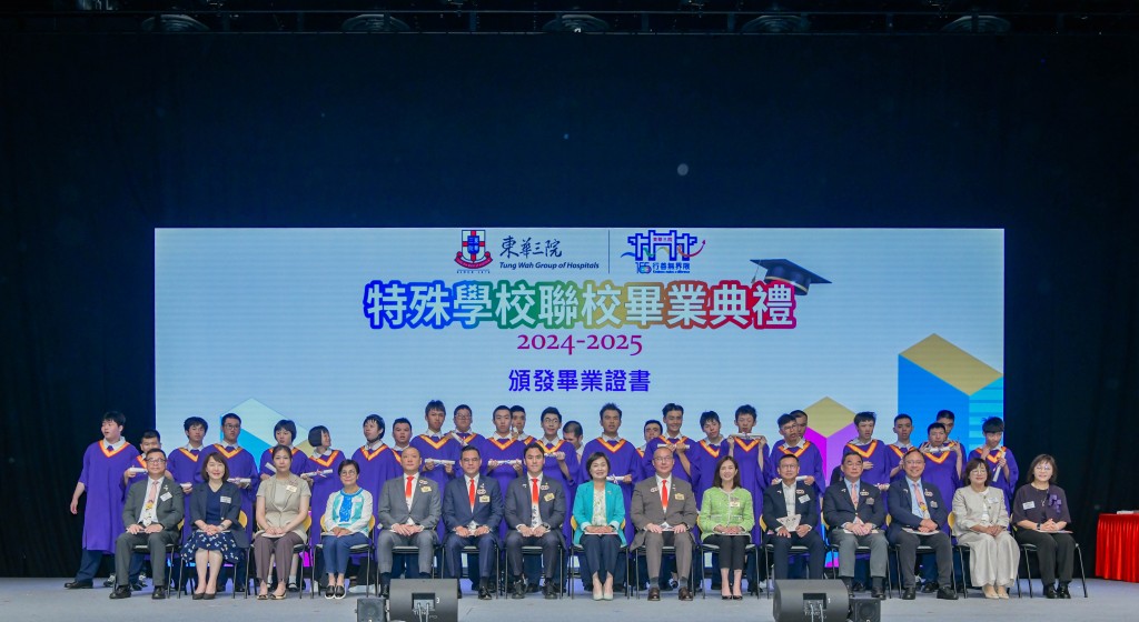 图三为教育局局长蔡若莲博士太平绅士（前排右八）、本院主席暨名誉校监何猷启先生（前排左七）、董事局成员、行政总监苏祐安先生（前排右四）及一众嘉宾与特殊学校毕业生代表合照。
