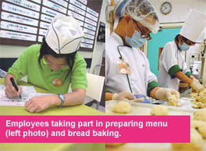 Employees in preparing menu (left photo) and bread baking