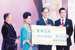 胡寿康先生及李名静女士慨捐五百三十万元支持东华三院医疗服务。曾局长(中)代表东华三院接受由大会司仪薛家燕小姐(左)代表致送的善款支票。