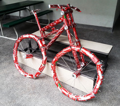 中五学生何诺谦最喜爱踏单车和绘画，他以单车作为修读视觉艺术科作品集的主题，以可乐罐的各部分组成一辆１：１比例的爬山单车，造型、结构及组件上都非常仔细。