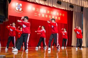 为庆祝该校二十周年校庆，学生们于典礼上作武术表演。
