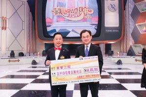 图二为东华三院蔡荣星主席（左）代表东华三院接受中国银行（香港）有限公司所捐赠的五千四百零五万元捐款支票。