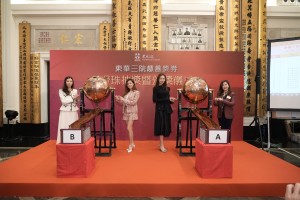 图二为东华三院邓明慧副主席（右一）、麦邓蕙敏总理（左一）、香港小姐冠军林钰洧小姐（右二）及香港小姐亚军及国际亲善小姐许子萱小姐（左二）主持奖券搅珠抽奖。